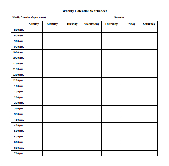 weekly blank calendar worksheet template