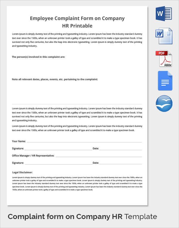 complaint form on company hr template