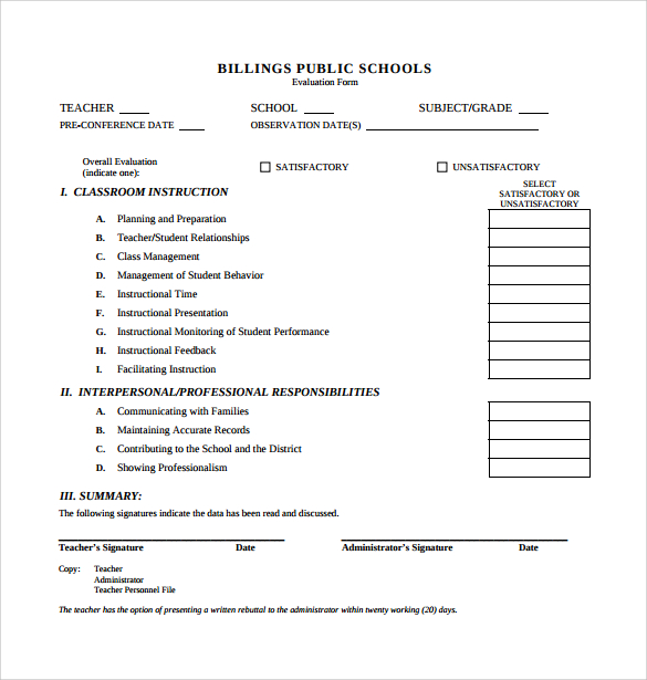 teacher evaluation form free download