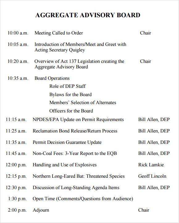 advisory board meeting agenda