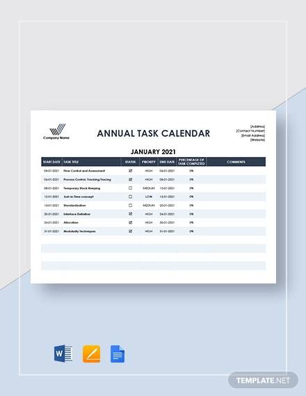 annual task calendar template