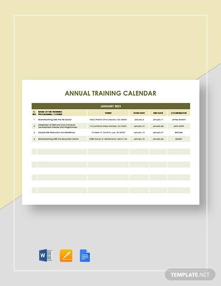 annual training calendar template