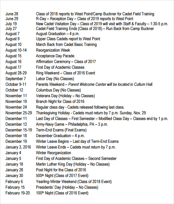 army training calendar template