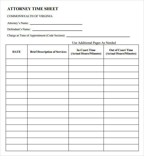 FREE 7+ Sample Attorney Timesheets in Excel MS Word Numbers Pages PDF