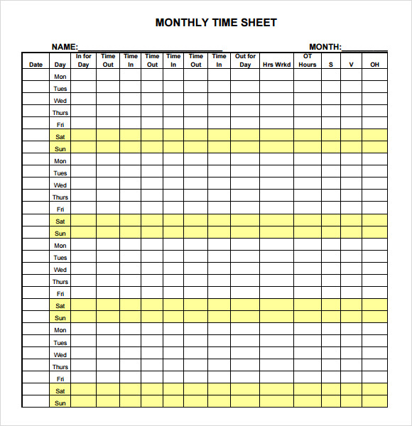 Printable Monthly Timesheet Template