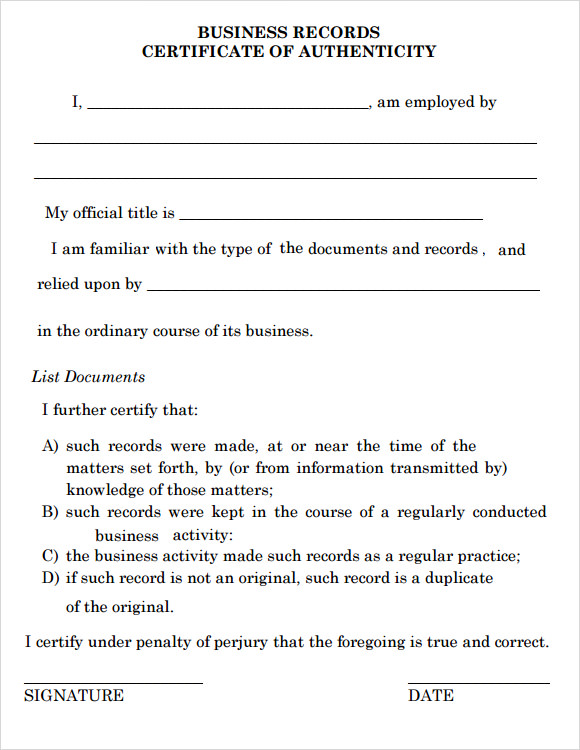 business certificate of authenticity form