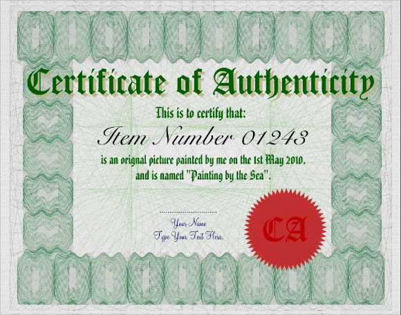 business certificate of authenticity template