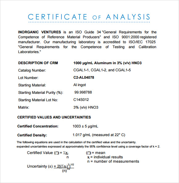 certificate of analysis fda template