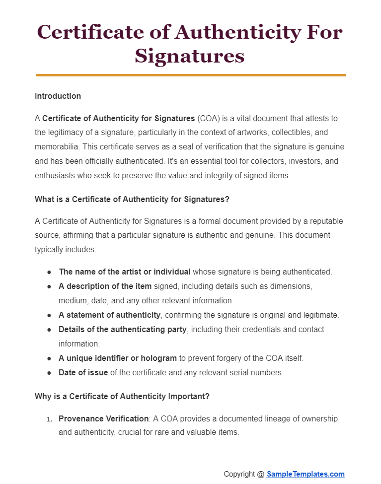 certificate of authenticity for signatures