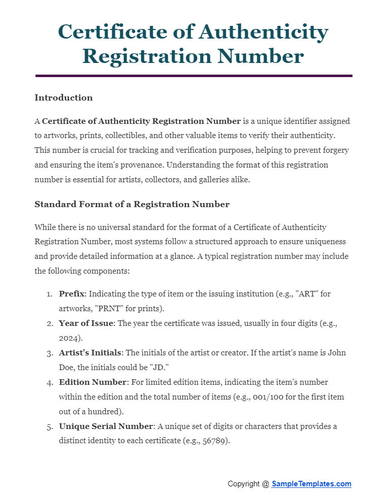 certificate of authenticity registration number