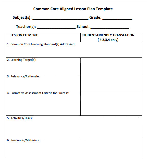 7 Sample Common Core Lesson Plan Templates To Download Sample Templates