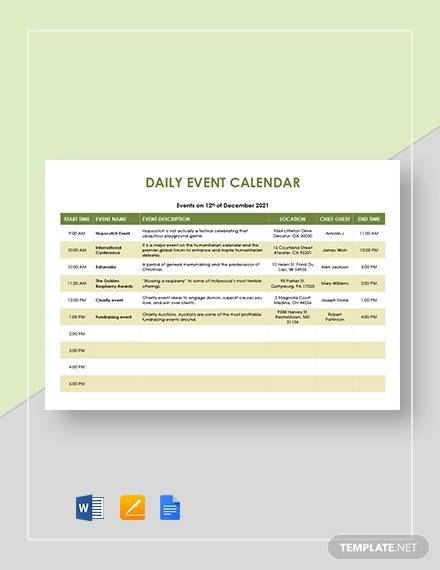 daily event calendar template