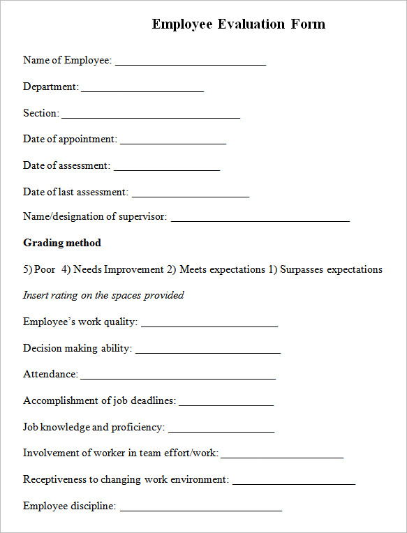 6 Employee Evaluation Forms Sample Templates 0485