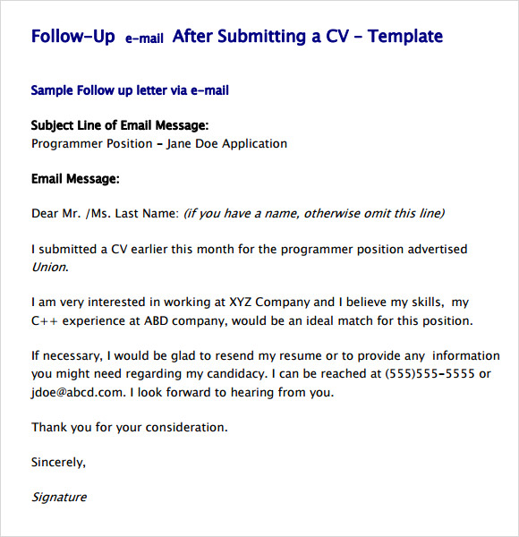 Follow up email to resume submission examples