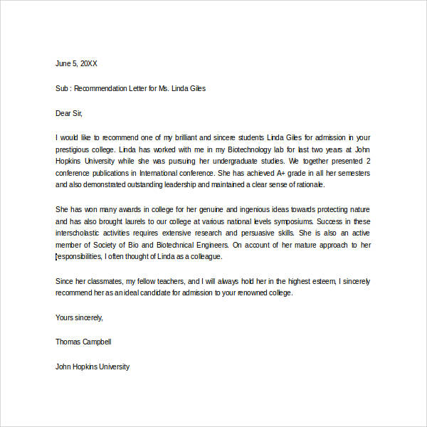 Student Scholarship Recommendation Letter Template