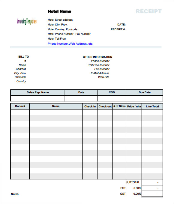 free hotel receipt template pdf