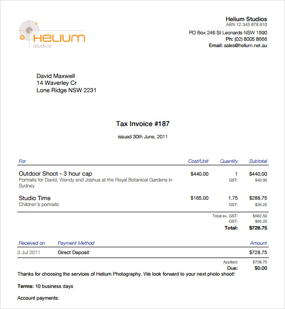 freelance photography invoice template