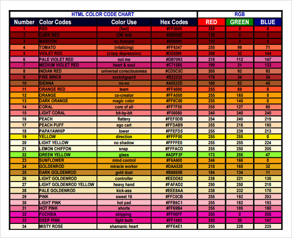 html color codes list