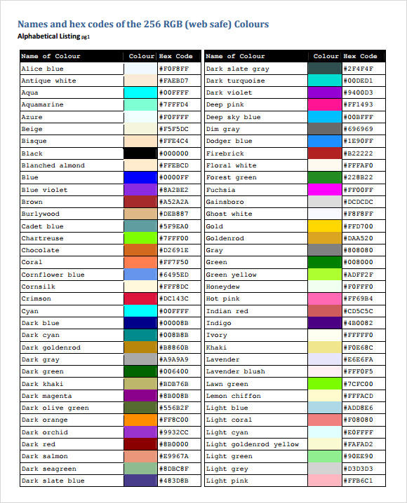 html color codes list