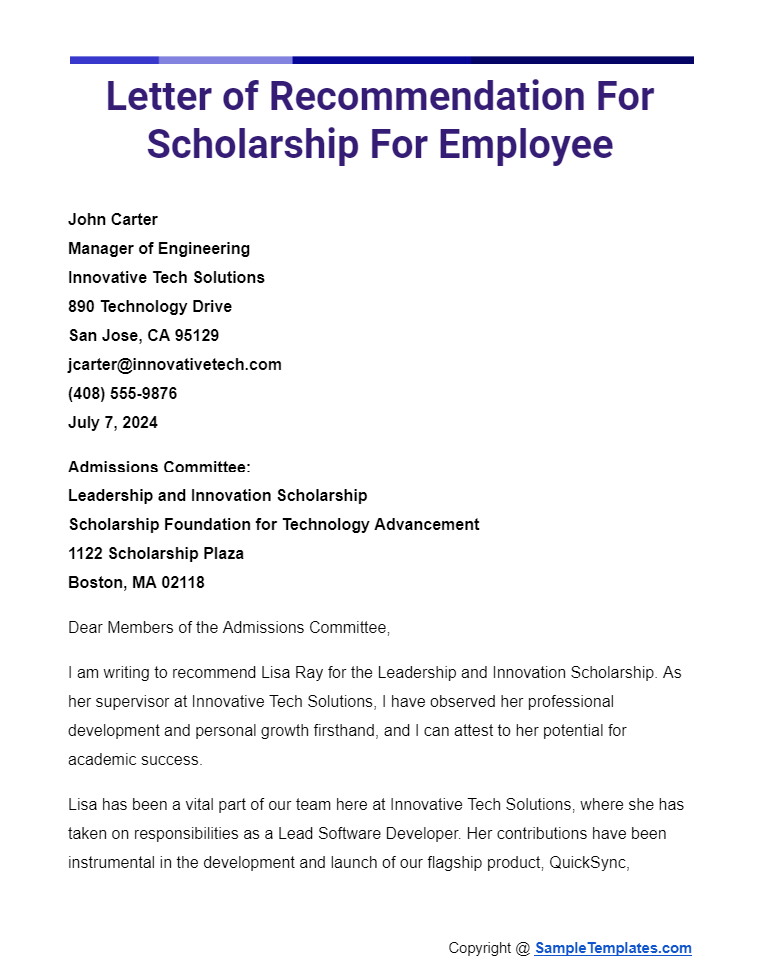 letter of recommendation for scholarship for employee