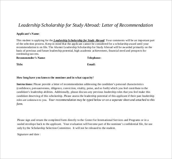 letter of recommendation for leadership scholarship
