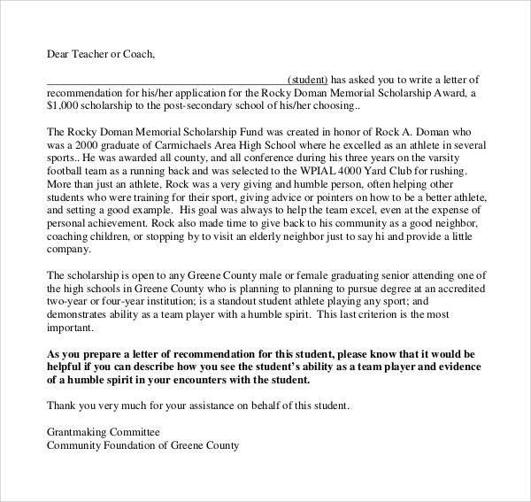 letter of recommendation for scholarship to coach