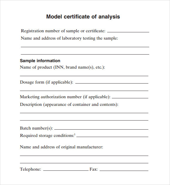 model certificate of analysis requirements