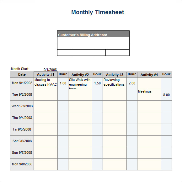 monthly timesheet template excel free download