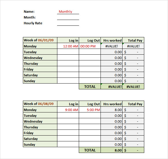 monthly timesheet template excel