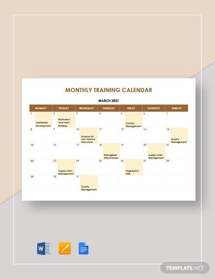 FREE 21  Sample Training Calendar Templates in Google Docs MS Word