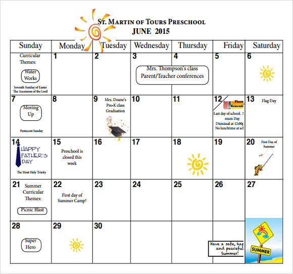 FREE 15+ Sample Preschool Calendar Templates in Google Docs MS Word