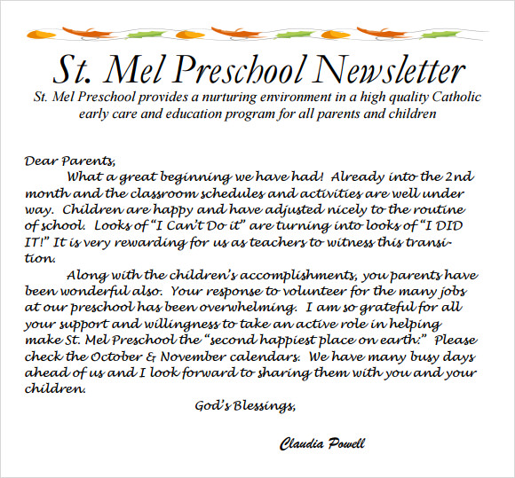 preschool parent newsletters