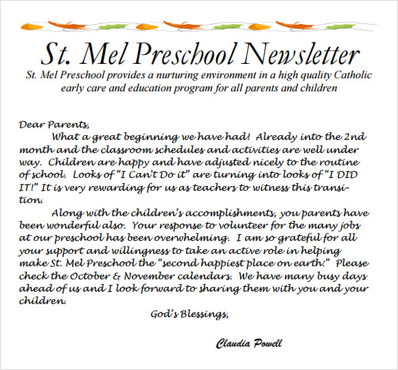 examples of preschool newsletters to parents