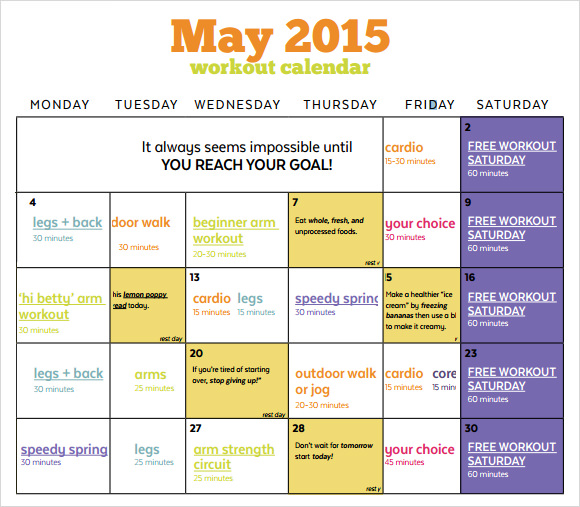 free 10 sample workout calendar templates in pdf ms word