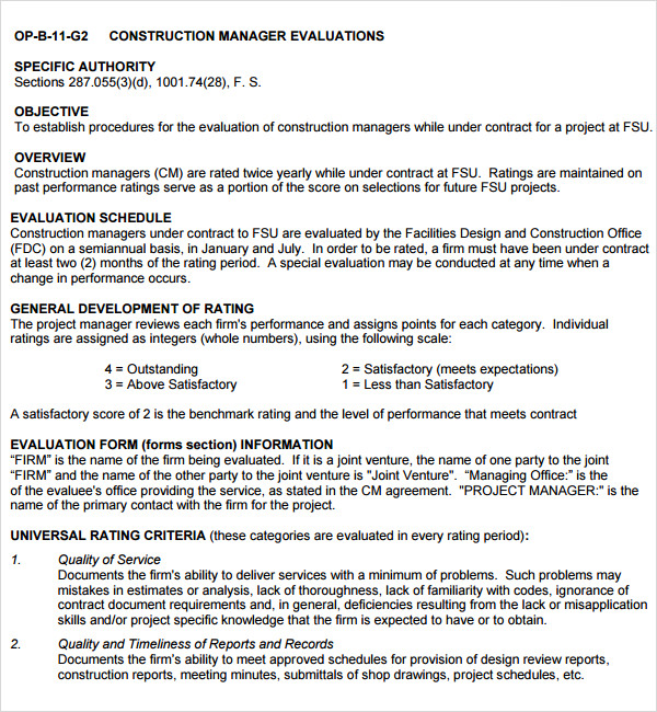 project manager evaluation template