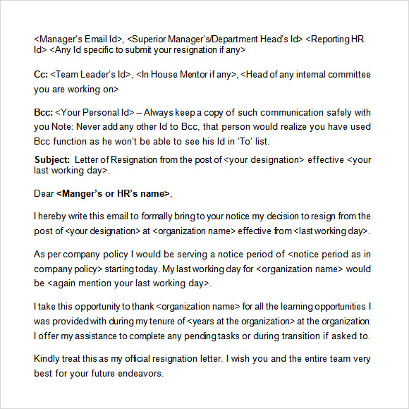 resignation email examples