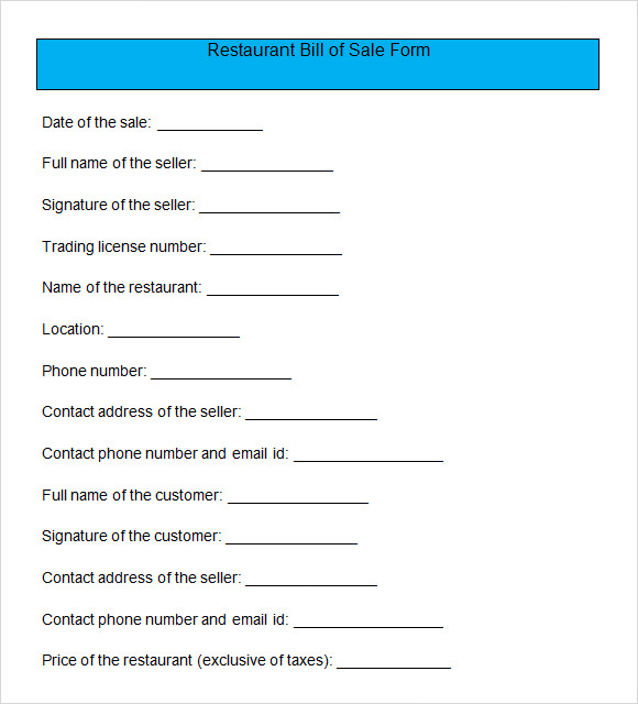 Bill Of Sale Form Restaurant Restaurant Bill of Sale Form