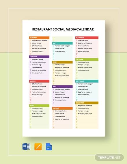 restaurant social media calendar template