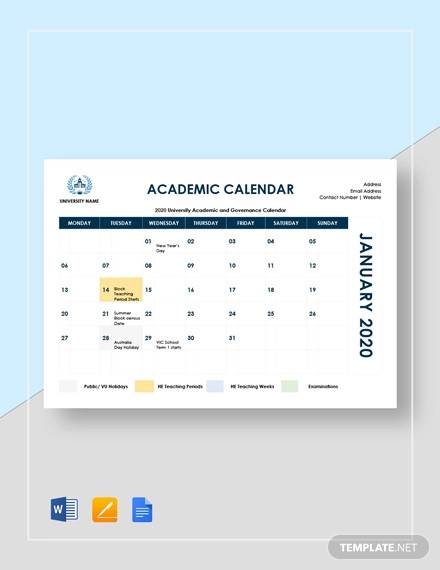 sample academic calendar template