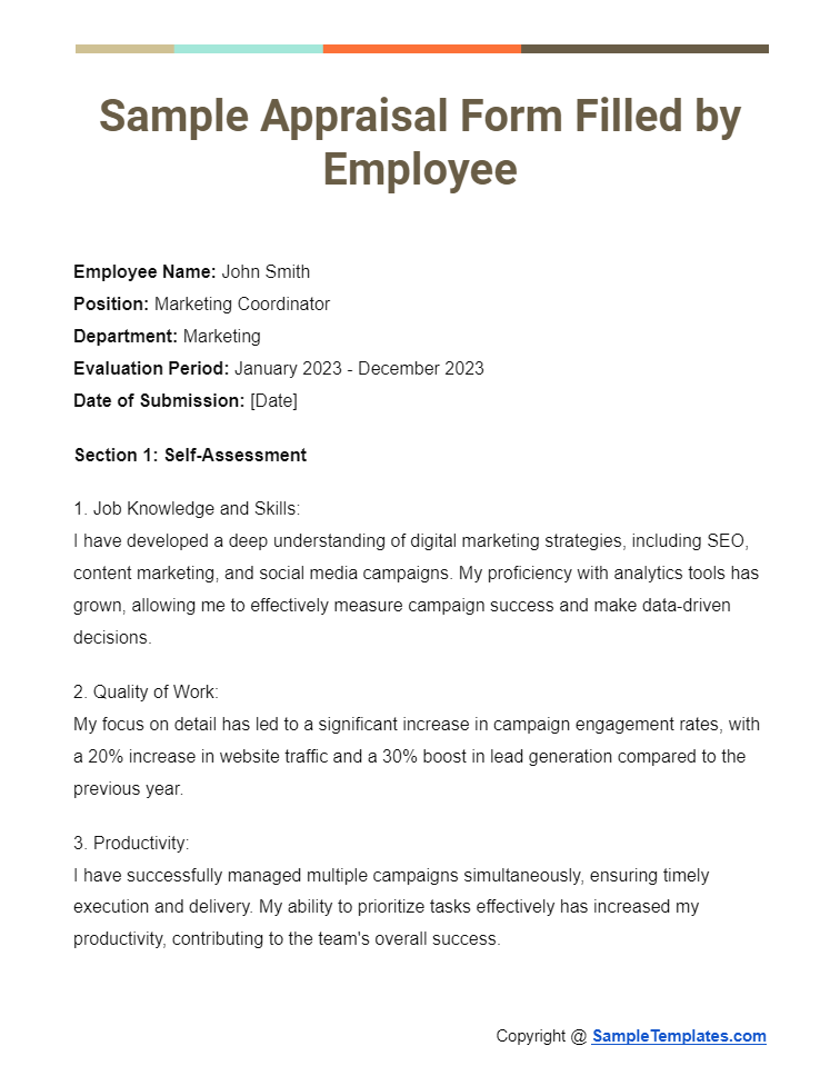 sample appraisal form filled by employee