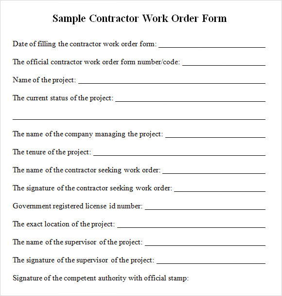 FREE 3+ Sample Contractor Work Order Forms in PDF MS Excel MS Word