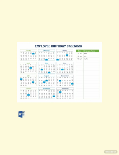 sample employee birthday calendar template