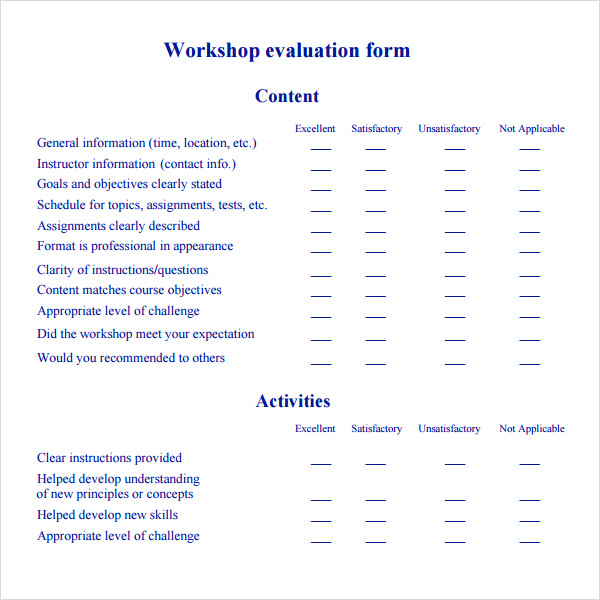 Evaluation form workshop 5 Best