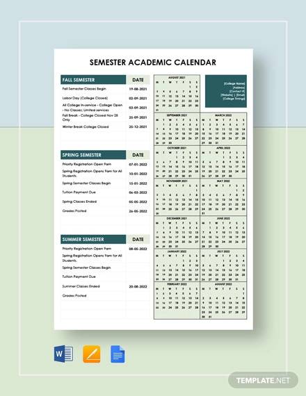 semster academic calendar template