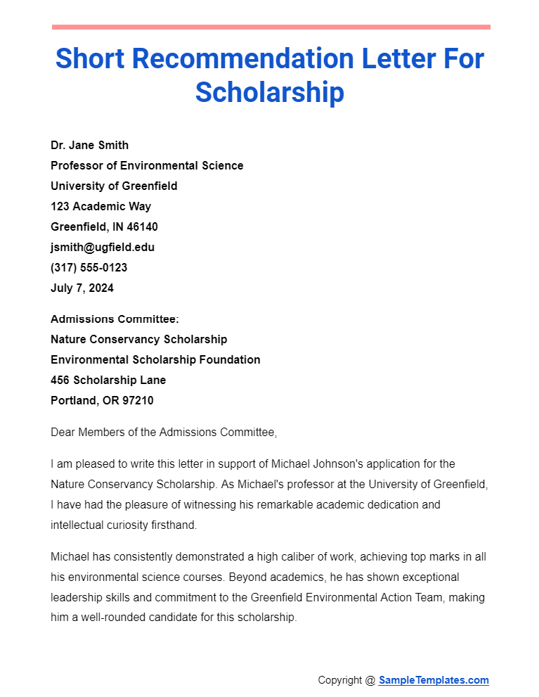 short recommendation letter for scholarship