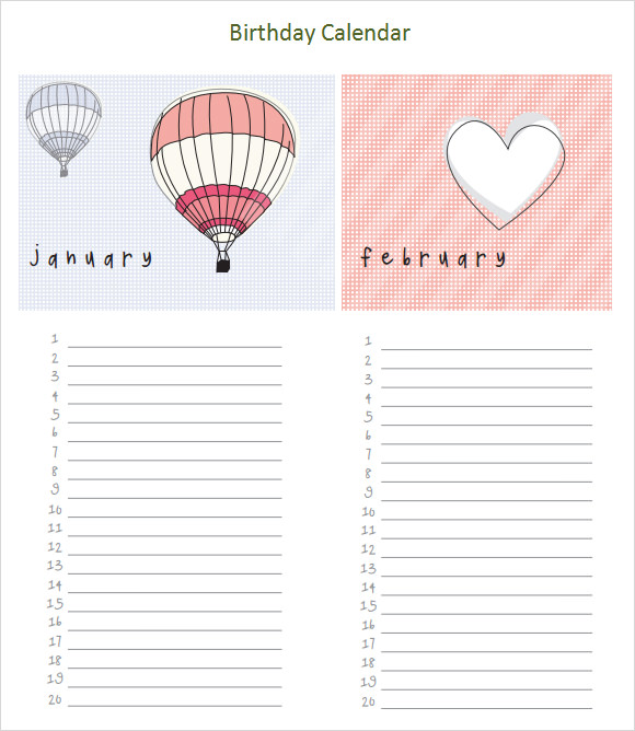 simplel birthday calendar template