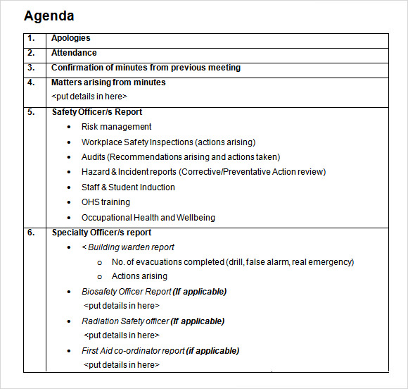 student agenda template doc