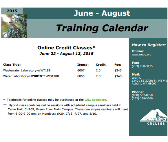 training calendar template pdf