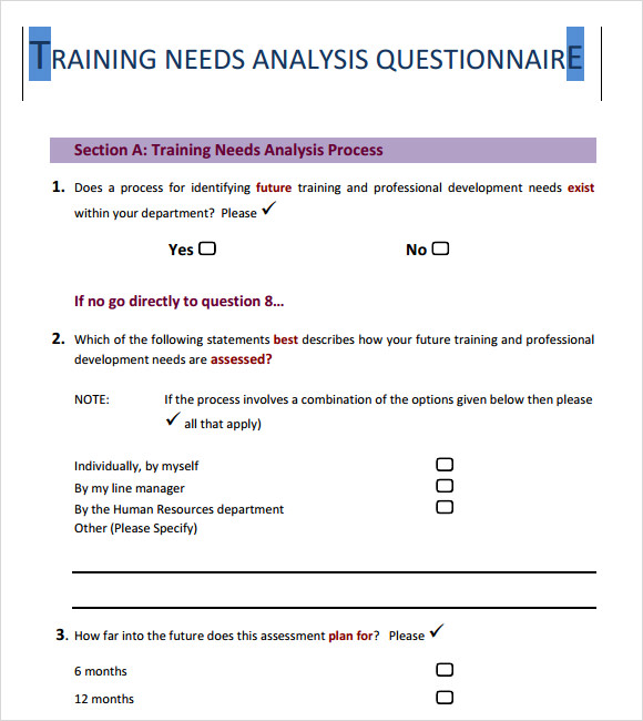 training needs analysis questionnaire template