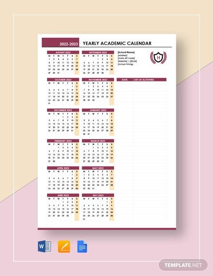 yearly academic calendar template
